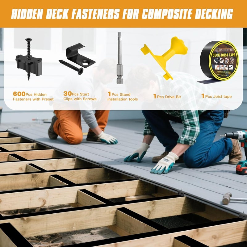 deckit 600PCS Hidden Deck Fasteners for Composite Decking Board - Universal Nylon Clips with Screws, 30 Deck Clips & 1 Joist Tape Tape, Fits Wood/Composite Deck Framing(Covers 300 SQ.FT.) - Image 2